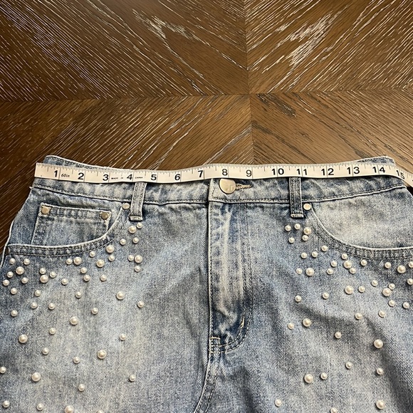 Toni denim with pearls high waisted mini skirt Size L/ 30” - Picture 16 of 17